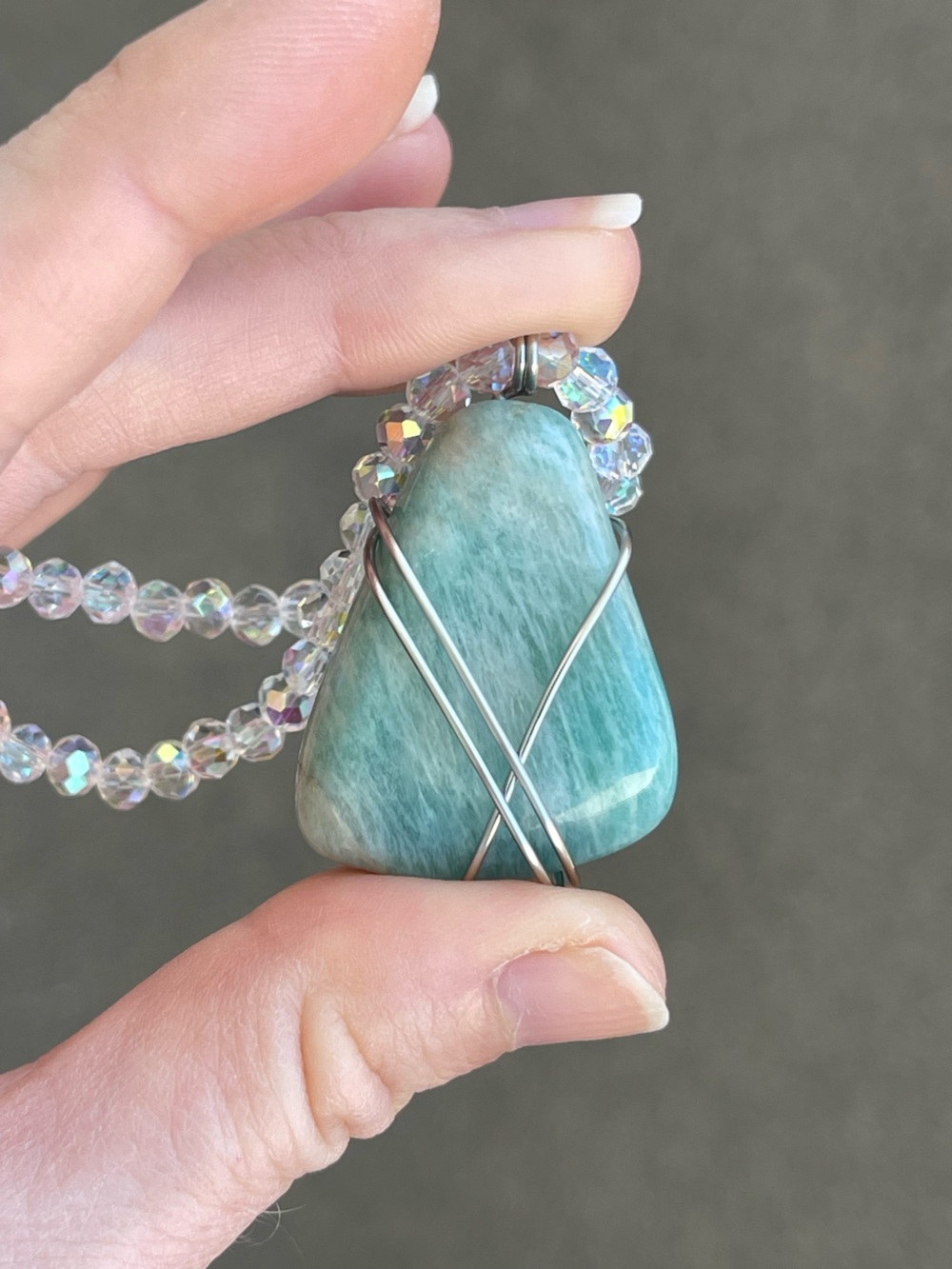 Amazonite Stainless Steel Silver Wire Wrap Necklace on White AB Glass Beads